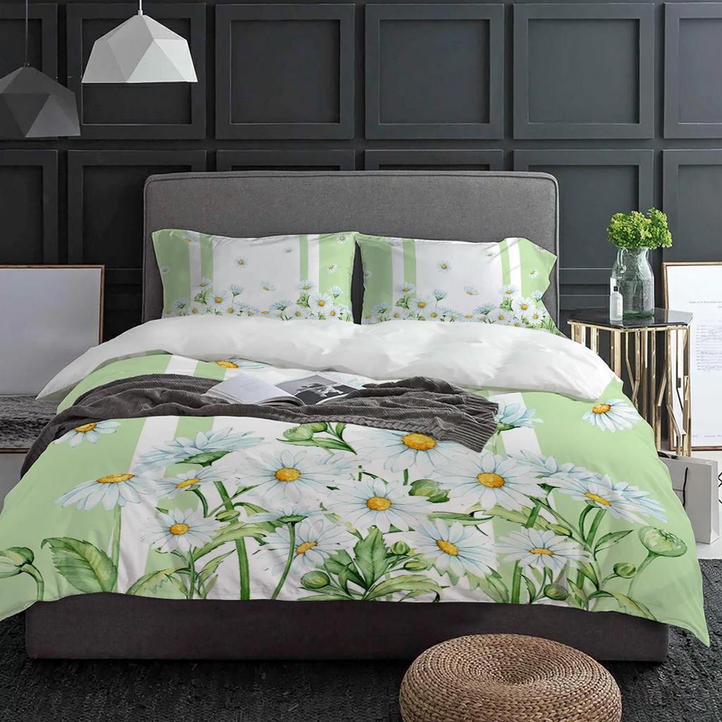 Summer Flowers Daisies Watercolor Green 3pcs Bedding Set For Double Bed Home Textile Duvet Cover Quilt Cover Pillowcase