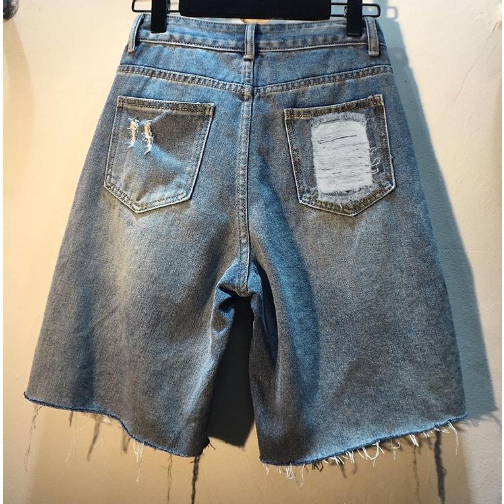 Damen Hohe Taille Gerades Bein Distressed Bunt Strasssteine Perlen Fransen Roher Saum Bermuda Jeansshorts Streetwear Jeansshorts