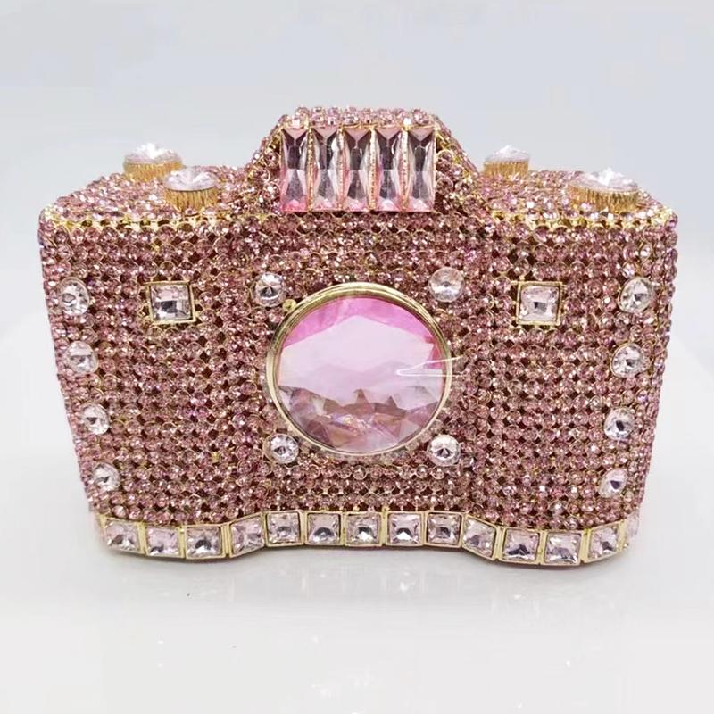

Pink/Gold Camera Diamond Crystal Evening Clutch Bag Women s Dinner Purse WHTUOHENG Rhinestone Bridal Wedding Bags Party Handbag 15cmX11cmX6cm
