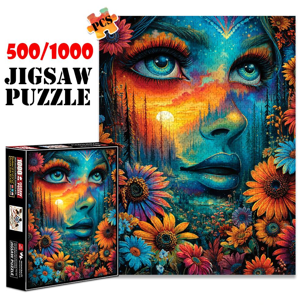 1 Box of 1000pcs Exquisite Jigsaw Puzzle, Large Size, Dreamy Style Forest Flowers and Human Faces Blending, 500pcs Paper Puzzle, Suitable for Exquisi