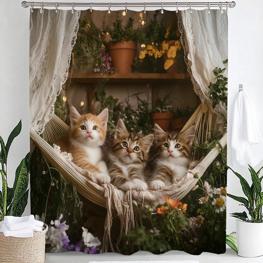 

Cartoon Cute Cat Shower Curtain Printed Fabric Garden Flowers And Plants Cats Bathroom Curtain Bathtub Home Decoration Curtain W60H190(CM)-1 Pcs