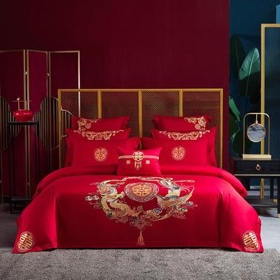 Conjunto de quatro peças de bordado para casamento, roupa de cama de colcha de casamento vermelha, capa de colcha de casamento, lençóis, roupa de cama para recém-casados, conjunto de seis peças para cama de casamento