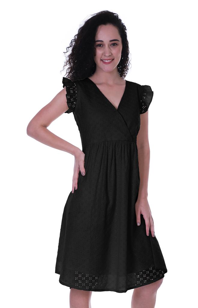 Moomaya Schiffli Dress Frill Sleeve W  V-neck Casual Relaxed Summer Garden