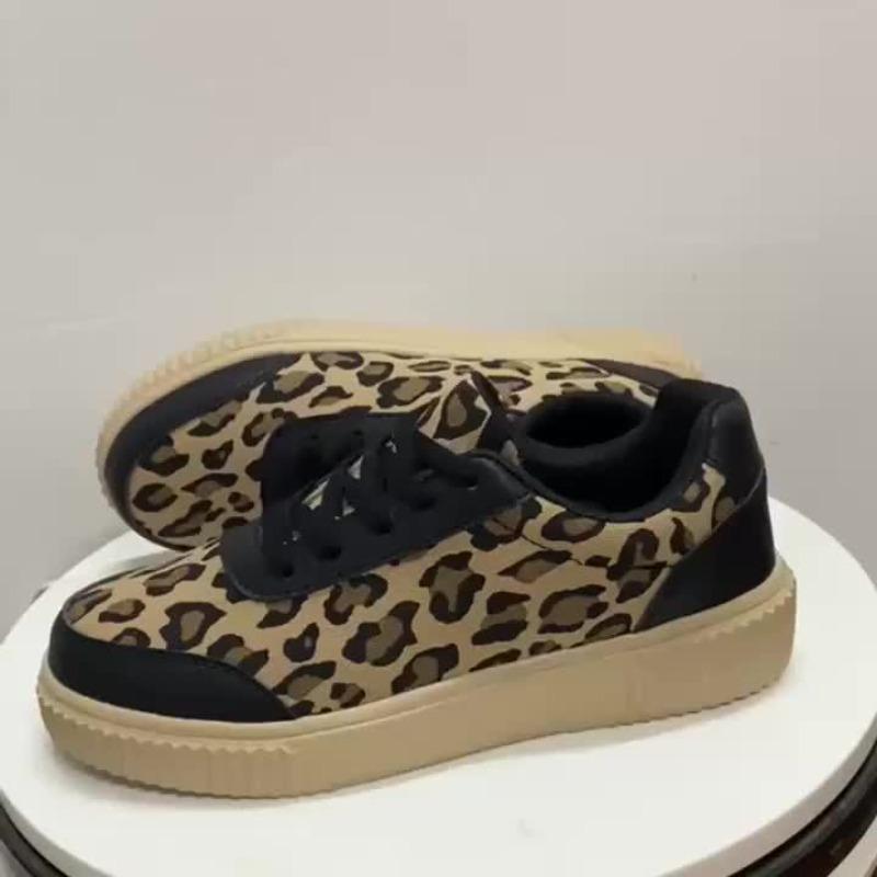 [Leopard Print Sneakers] Women's Beige&Black Low-Top Platform Sneakers Lace-Up Cushioned Breathable All-Season Casual Sports