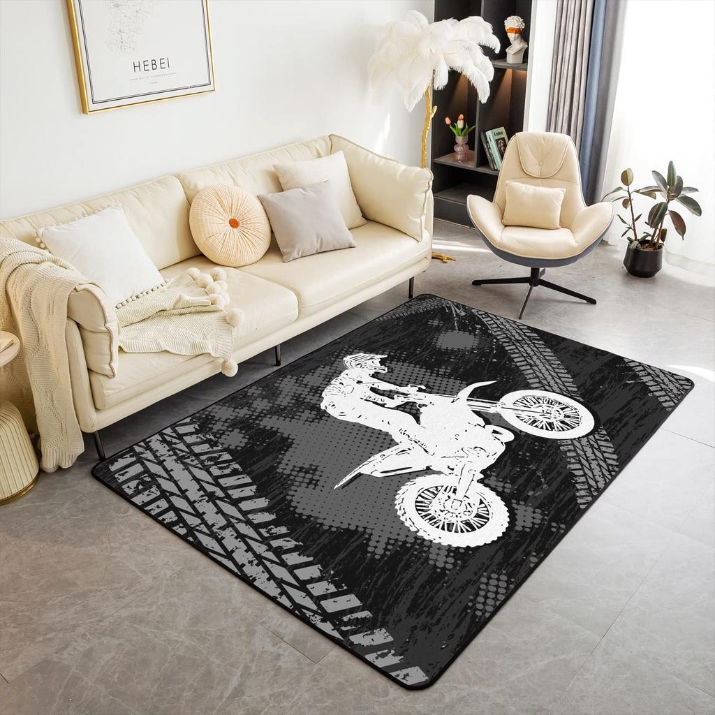 Teen Dirt Bike Area Rug for Living Room Motocross Rider Floor Mat Motorbike Extreme Sport Carpet Snow Mountain Landscape Doormat
