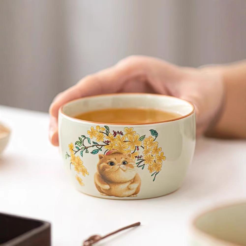 Plant Ash Happy Hanhan Cat Teacup Ceramic Household Master Cup Single Cup Tea Kung Fu Tea Set Gift Box Gift