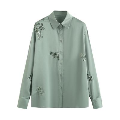 Produs de toamnă Cămașă casual de damă cu revere largi, mâneci lungi, broderie de industrie grea, pantaloni brodați