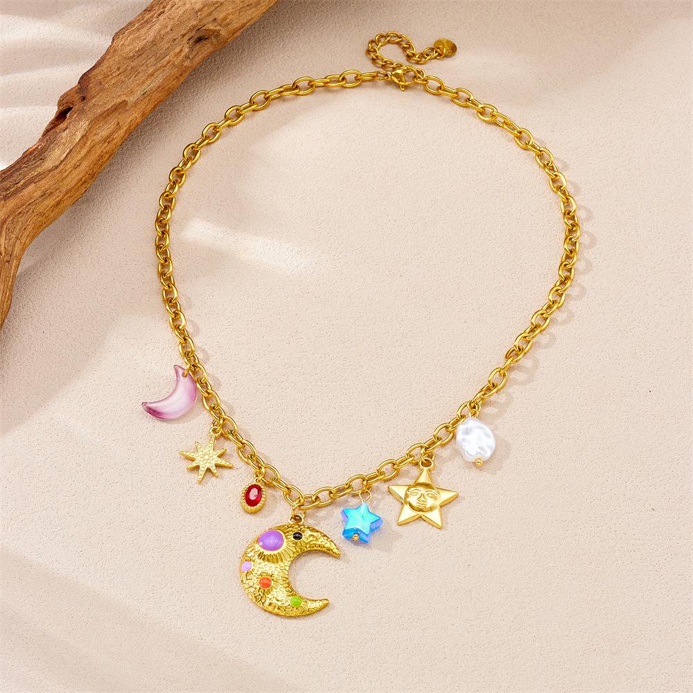 Imitation Pearl Acrylic Star Moon Pendant Necklace Stainless Steel Summer JewelryAccessories