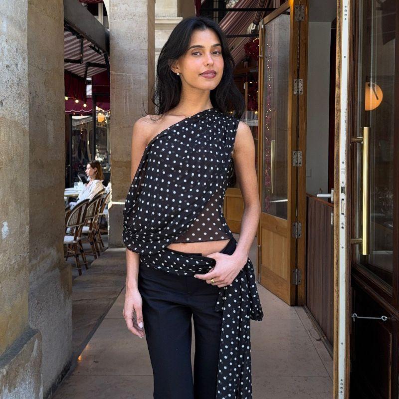 Mesh Vest 2025 Summer New Sexy Oblique Collar Polka Dot Print Irregular Mesh Cami Women Spicy