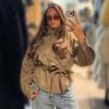 Chaqueta Casual Elegante para Mujer con Cuello Alto, Cintura Fruncida, Manga Larga Holgada, Estilo Ante