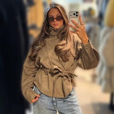 Elegant Jacka för Kvinnor med Ståkrage, Bälte i Midjan, Lös med Långa Ärmar, Mockaliknande Casual Ytterplagg