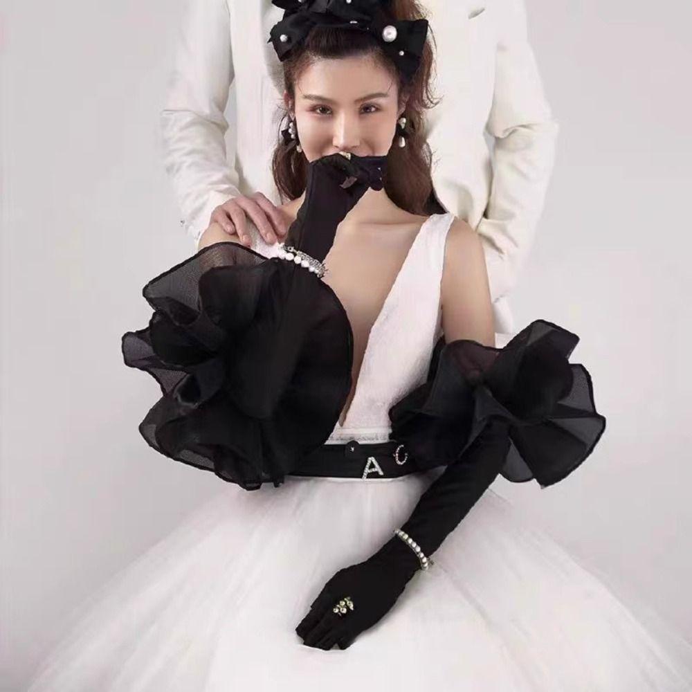 Organza Flower Long Gloves Elastic Wedding Bridal Gloves Retro Ruffles Velvet Mittens  Women