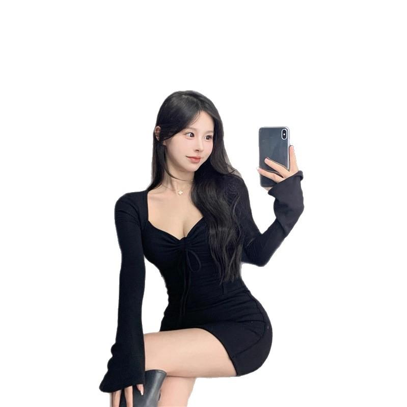 Pure Desire Spice Girl Drawstring V-neck Long-sleeved Dress Women's Spring and Autumn New Temperament Slim and Thin Hip Skirt