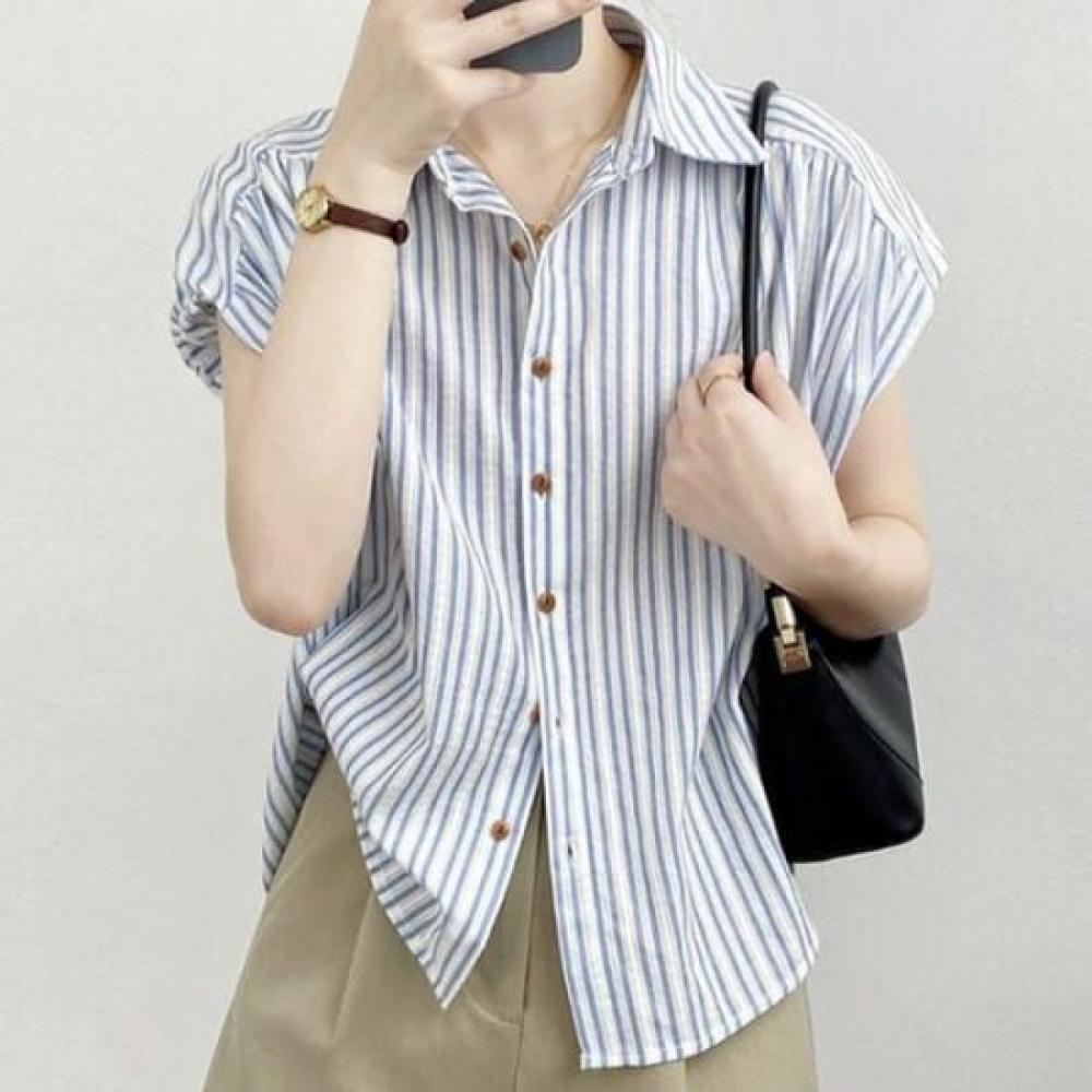 Navava Women Casual Stripe Cap Sleeve Shirt Nb2742