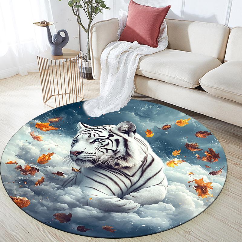 White Tiger with Falling Leaves Round Area Rug,Carpet Rug for Living Room Bedroom Sofa Playroom Decor,Non-slip Floor Mat