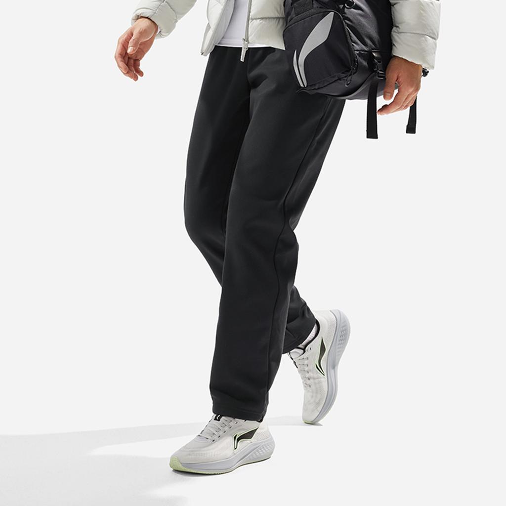Li Ning Fitness Series Fashion Versatile Comfortable Warm Outdoor Running Mid-Waist Drawstring Straight Leg Fleece Knitted Sports Pants AKLU551-1