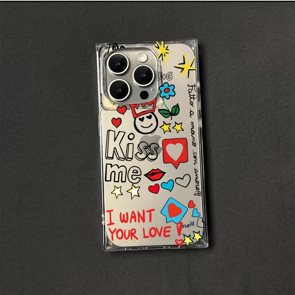 Clear Square Back Tube Case Protection For iPhone 15 Plus 12 13 16 ProMax 14 Pro Max 11 Anti-Oxygen,Love Heart English Pattern Casing