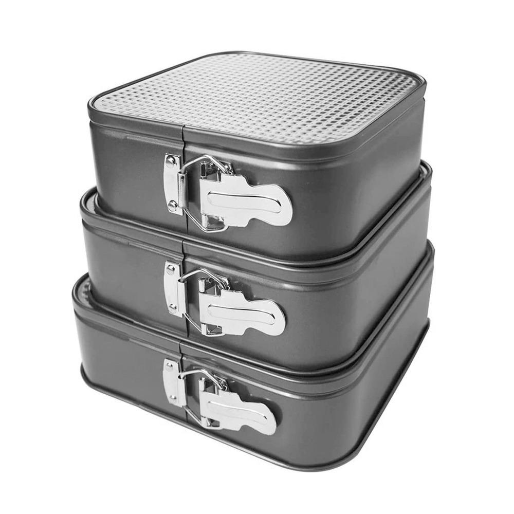 3pcs Carbon Steel Springform Cake Pan Quadrate Non-Stick Cheesecake Pan Snap Button Rolled Edge Springform Pan Set