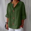 Women Summer Cotton Linen V Neck Button Up Loose T Shirt Top