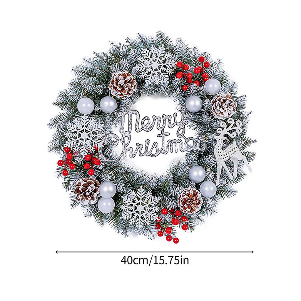 Xmas Wreath for Front Door 15.7 Inch Snow Flocked Artificial Xmas Wreath with Red Berries and Pine Cones for Winter