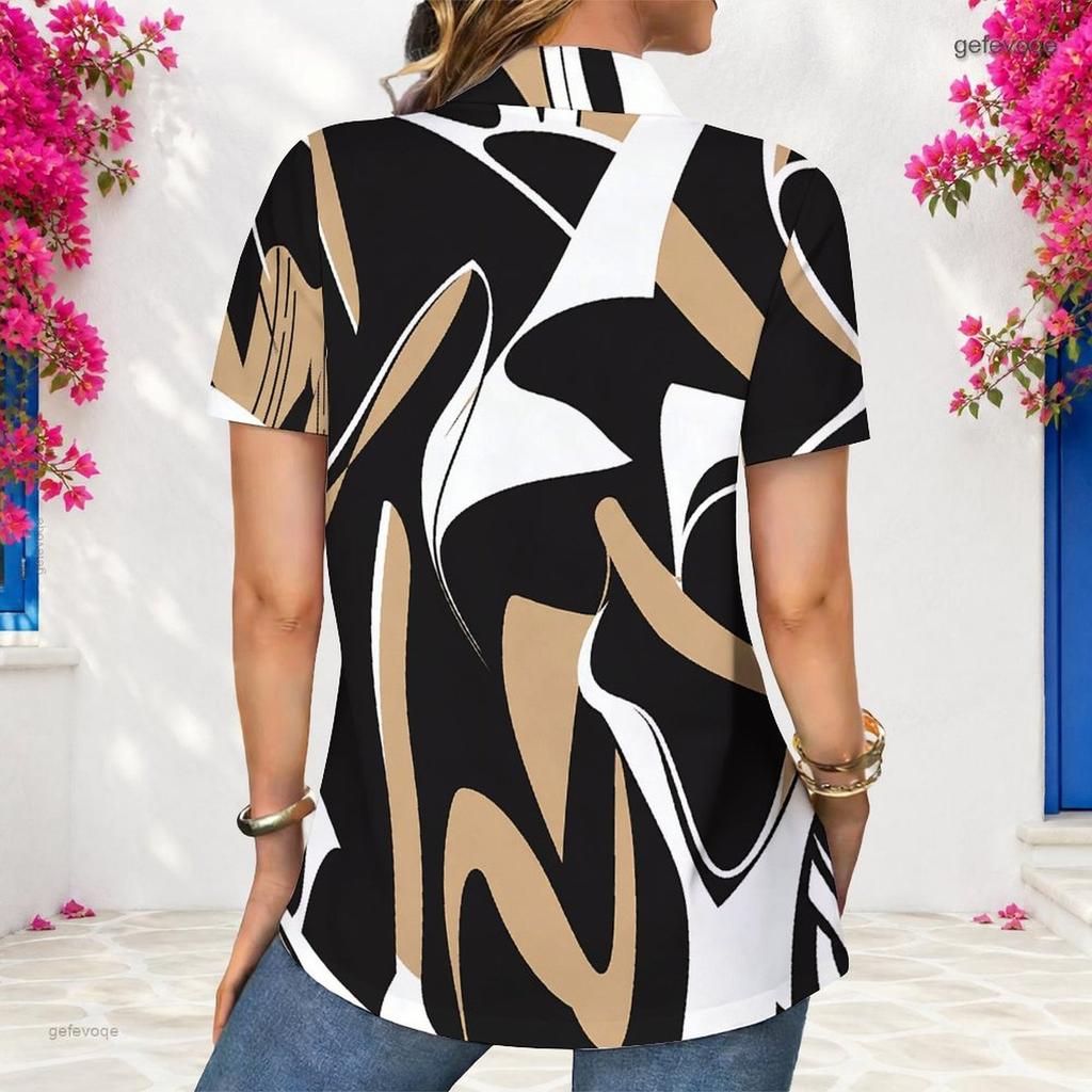 Women Plus Size Short Sleeve Shirt Abstract Geometric Print Button Down Casual Blouse Loose Fit Tops For Summer Daily Office Wear