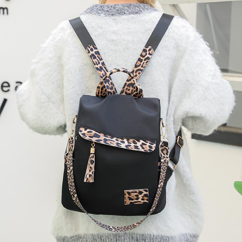 Nylon Leopard Print Women's Anti-theft Backpack Tassel Large Capacity Color Contrast Travel Backpack