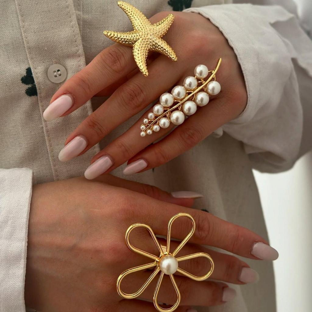 Personalized Trend Summer Ocean - Style Ring Set: Starfish, Pearl - Branch & Flower Shapes, Creating a Stylish Seaside - Inspired Finger Look