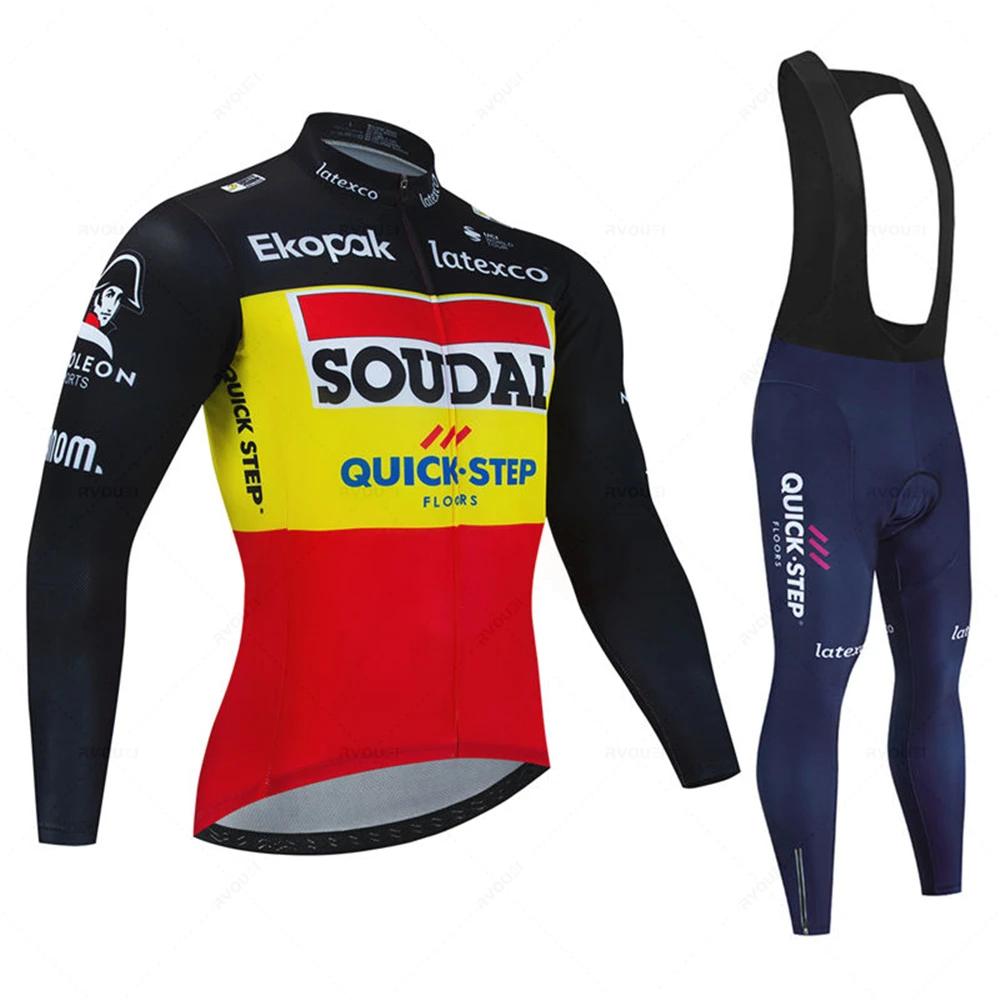 Soudal Quick Step France Jesienny Zestaw Koszulek Rowerowych Ubrania na Rower Szosowy Długi Rękaw Jednolity Strój MTB Spodenki na Szelkach Rowerowe Koszulka Sportowa do Jazdy