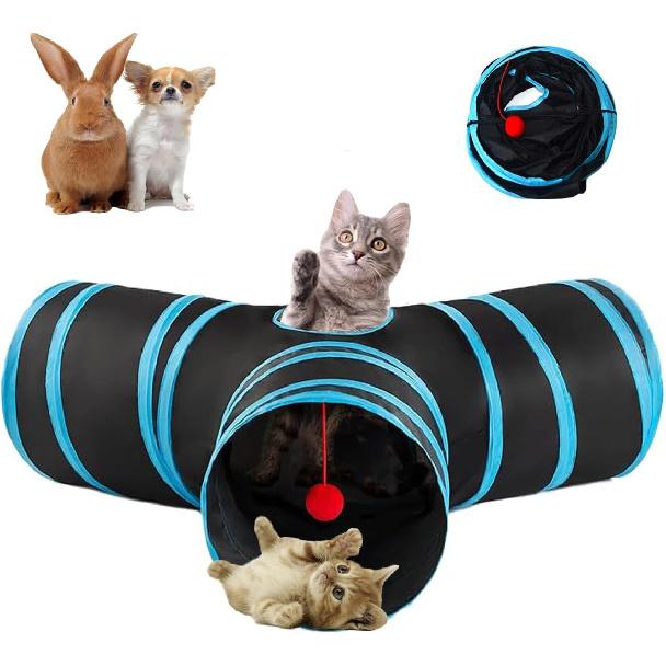 Cat Tunnel Tube Toy Kit Collapsible 2 Way Grey Plush, Pet Tunnels for Indoor Cats, Long Tubes for Puppy, Kitty, Kitten, Rabbit for Playtime &