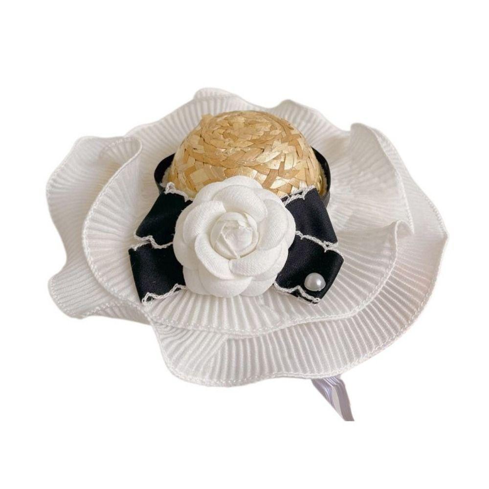 

Ins Style Dog Bowknot Hat Adjustable Cat Sun Straw Hat Pet Accessories Cat Cap Photo Props S