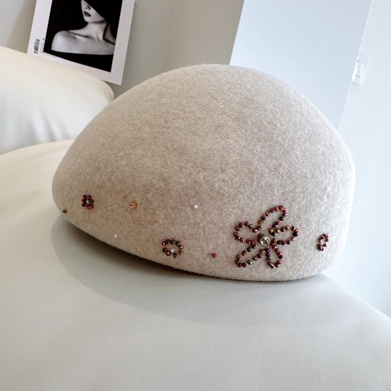 Japanese Hand-Sewn Flower Beret Women Autumn Winter Australian Wool Woolen Felt Hat Sweet Painter Hat Temperament Stewardess Hat