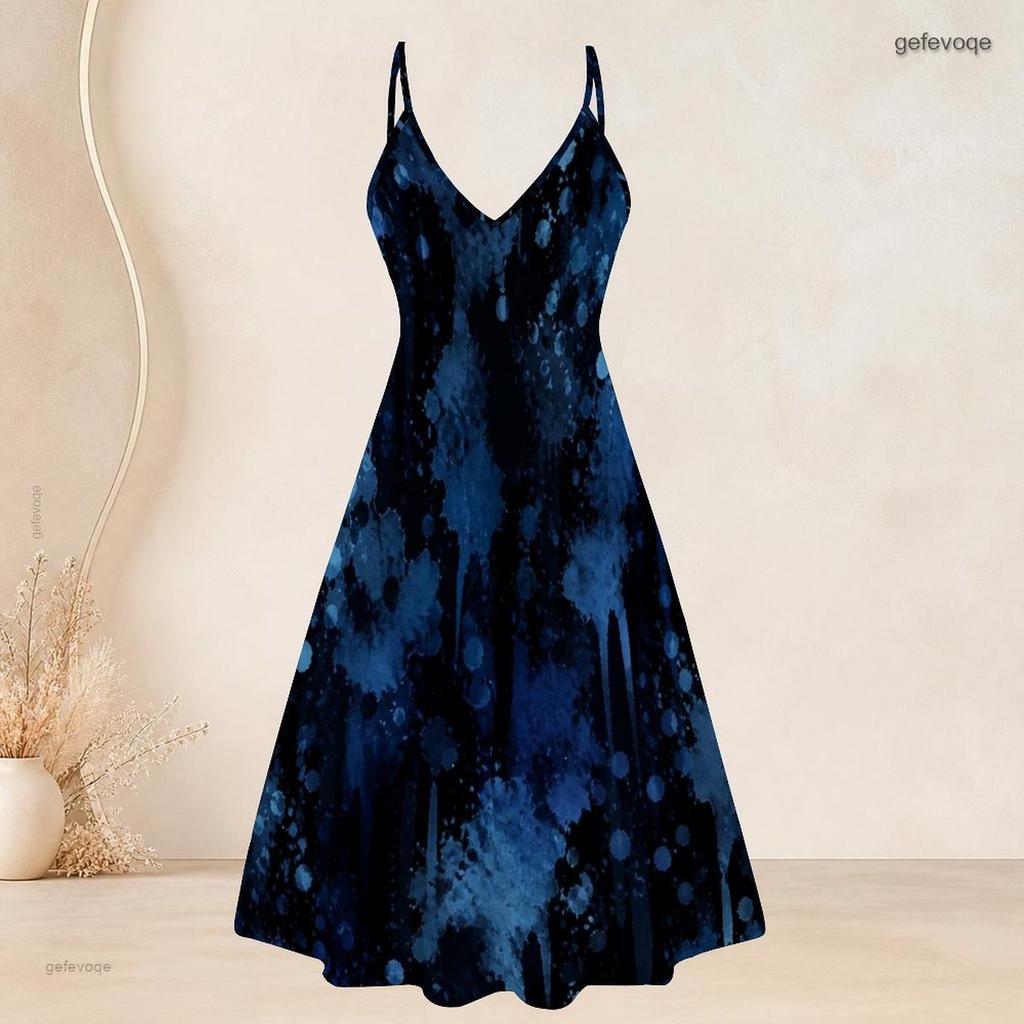 Women Plus Size Two Piece Set Short Sleeve Draped Cardigan Strappy V Neck Flared Printed Dress Dark Blue Gold