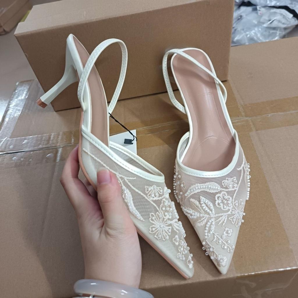 Fashion Brand Designer High Heels Women Wedding Shoes Pearl Embroider Flower Mesh Back Strap Summer Slingbacks Elegant Ladies Sandals