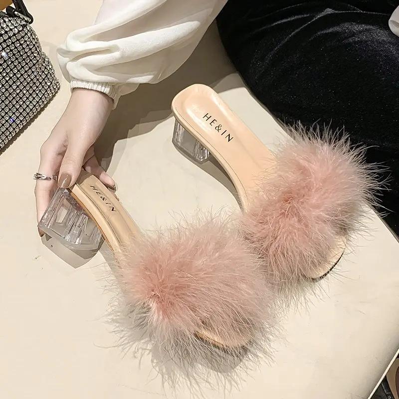 Women Summer Outdoor Fashion Slippers Square Toe High Heels Office Ladies Feather Slides Chic Classics Furry Shoes