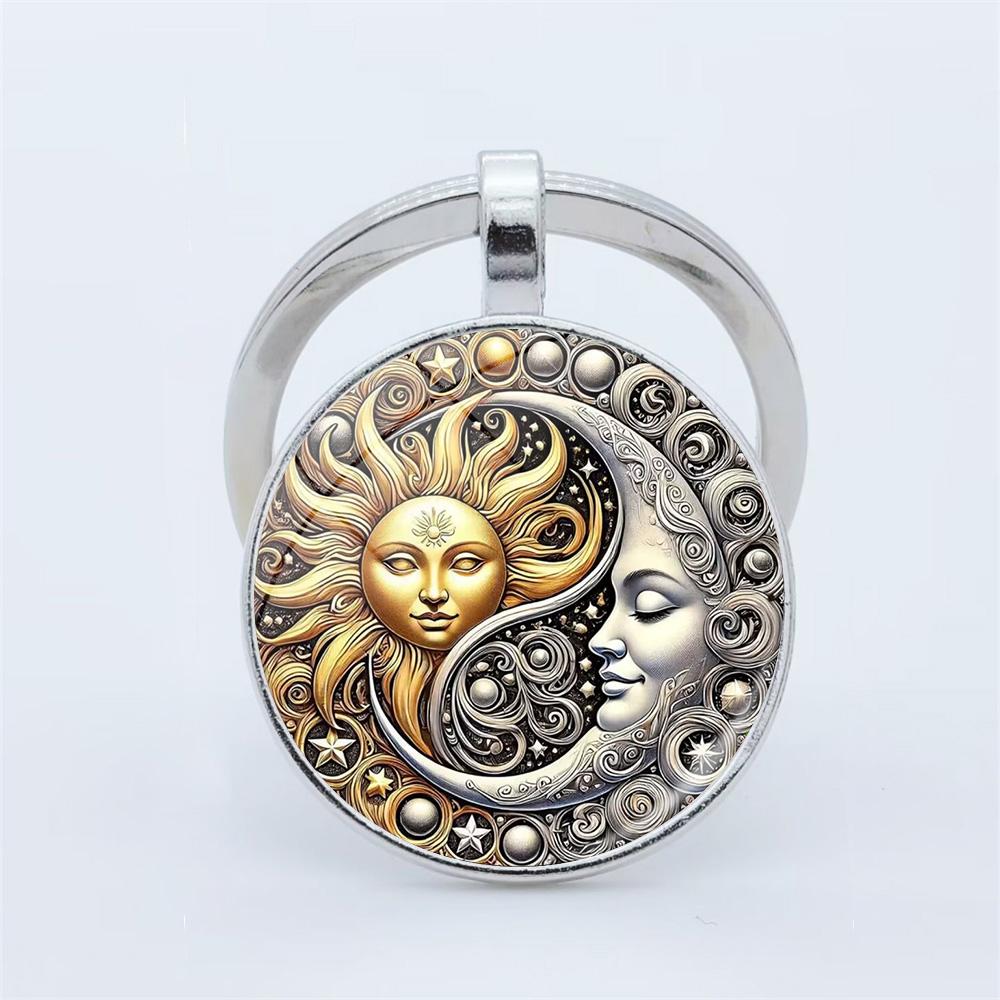 Vintage Sun Moon Keychain Metal and Glass Circular Key Pendant, Men's and Women's Charter Decoration Anniversary Birthday Gift