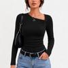 Knitted base shirt for women in spring and , with temperament and atmosphere, slanted collar top, moderate length, long sleeves