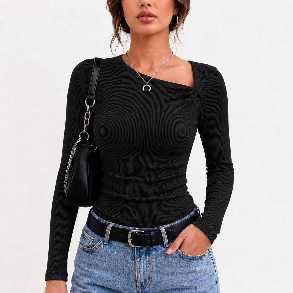 Knitted base shirt for women in spring and , with temperament and atmosphere, slanted collar top, moderate length, long sleeves