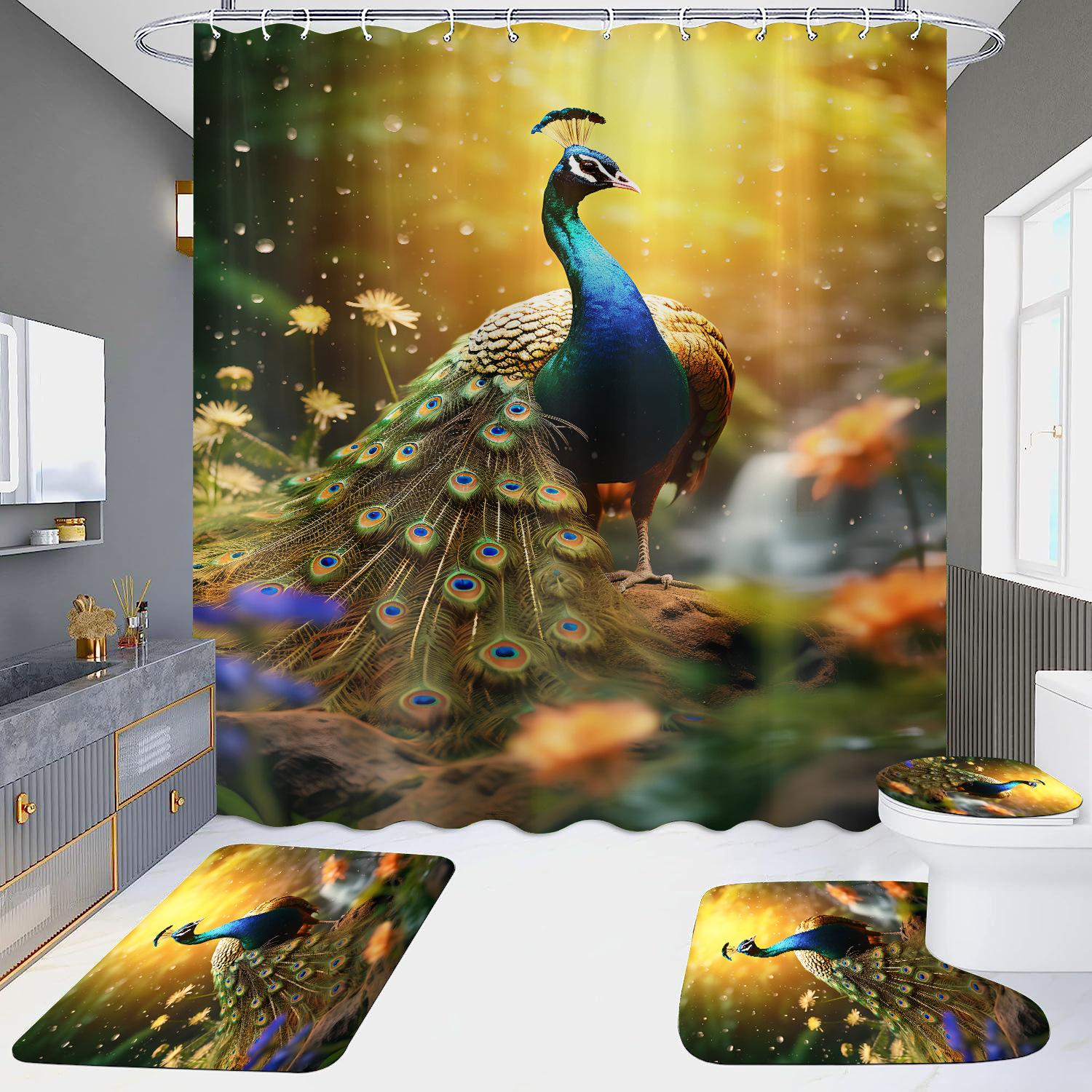 

HD занавеска для душа, набор из четырех предметов, водонепроницаемая без дырокола, ванная комната, отель, туалетная перегородка, занавеска Павлин Only curtain 150x180