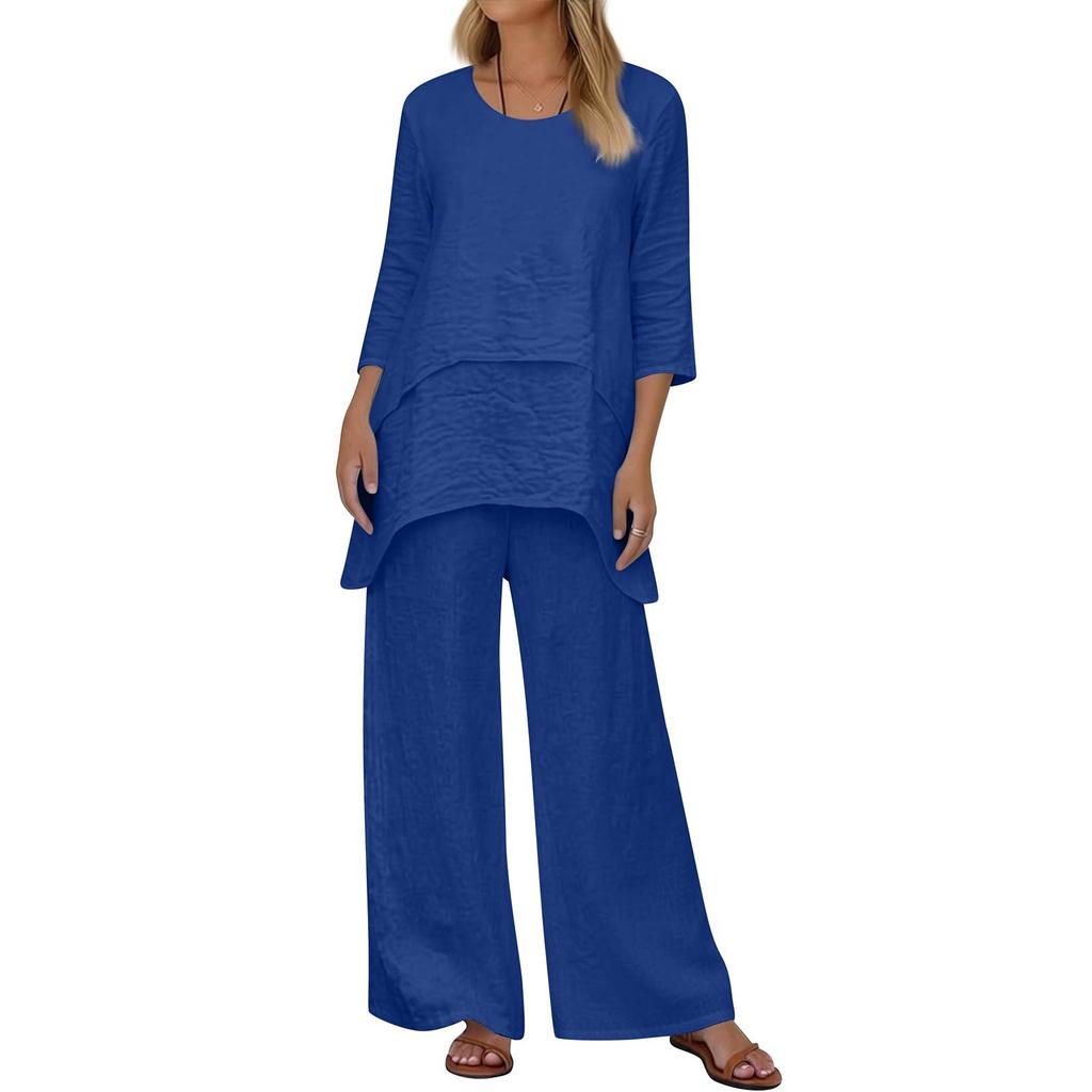 Women's 2-Piece Set: Stylish Casual Round-Neck Loose-Fit Top + Wide-Leg Pants