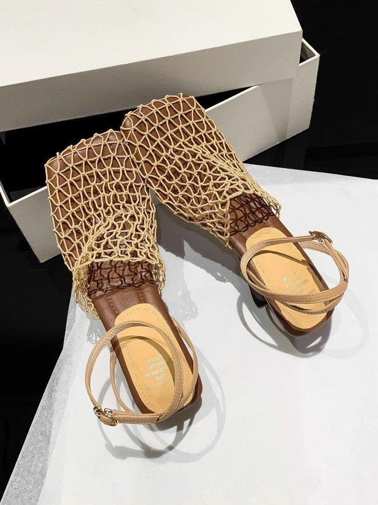 Temperament niche square head breathable woven mesh weave heel high heel sandals empty bag head hollow woven fishing net shoes