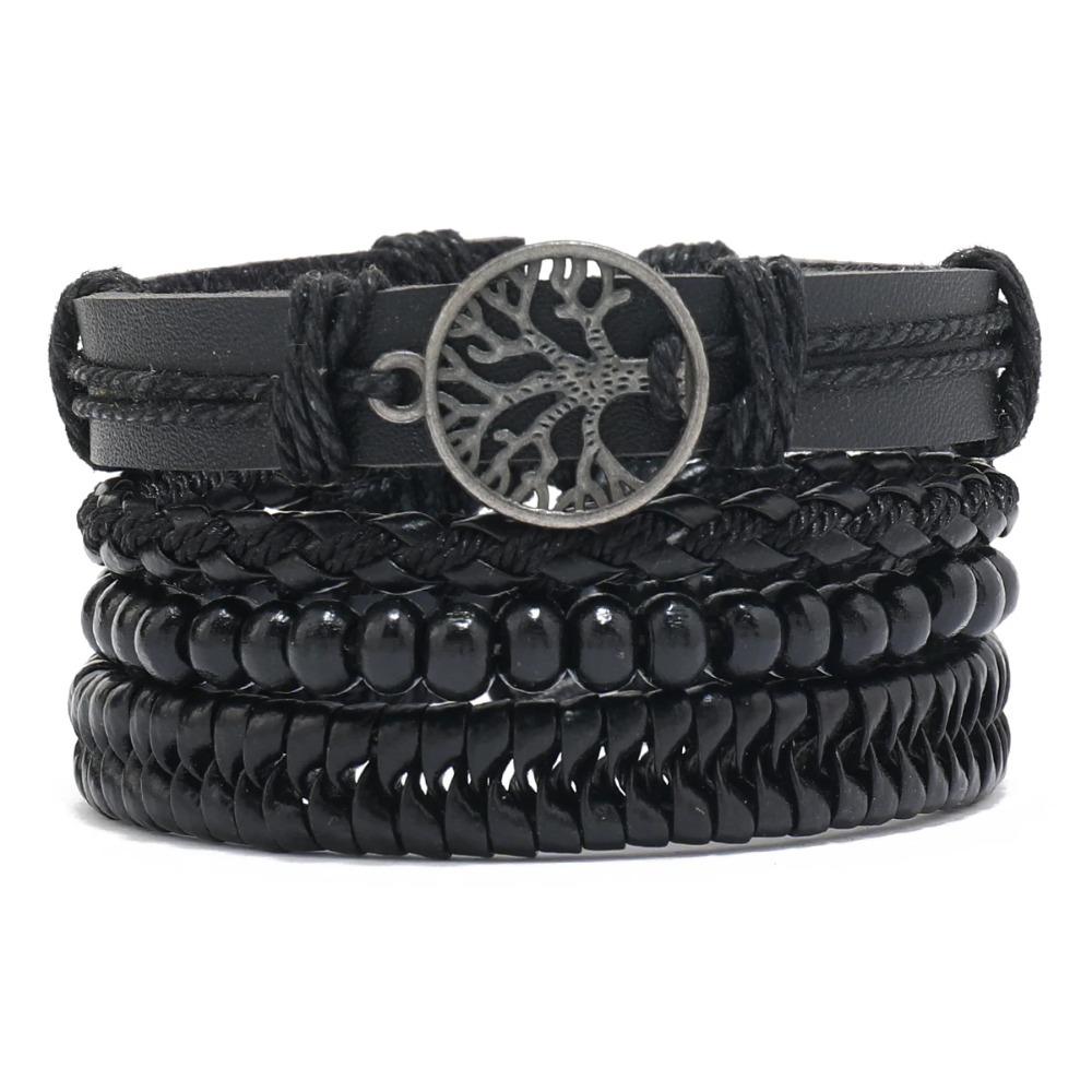 Braided Leather Bracelets for Men Vintage Life Tree Charm Wood Beads Ethnic Tribal Wristband Rope Bracelet Set