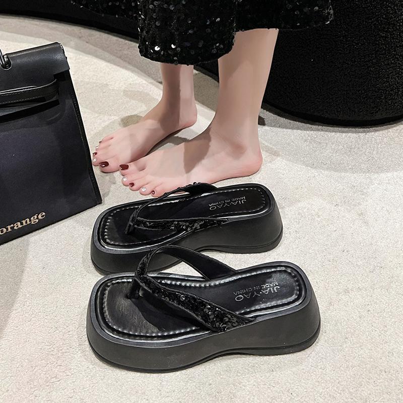

Pinch-in flip-flops shoes for women s summer wear, new small thick-soled sandals, heightened slope heel non-slip beach shoes 35 чёрный