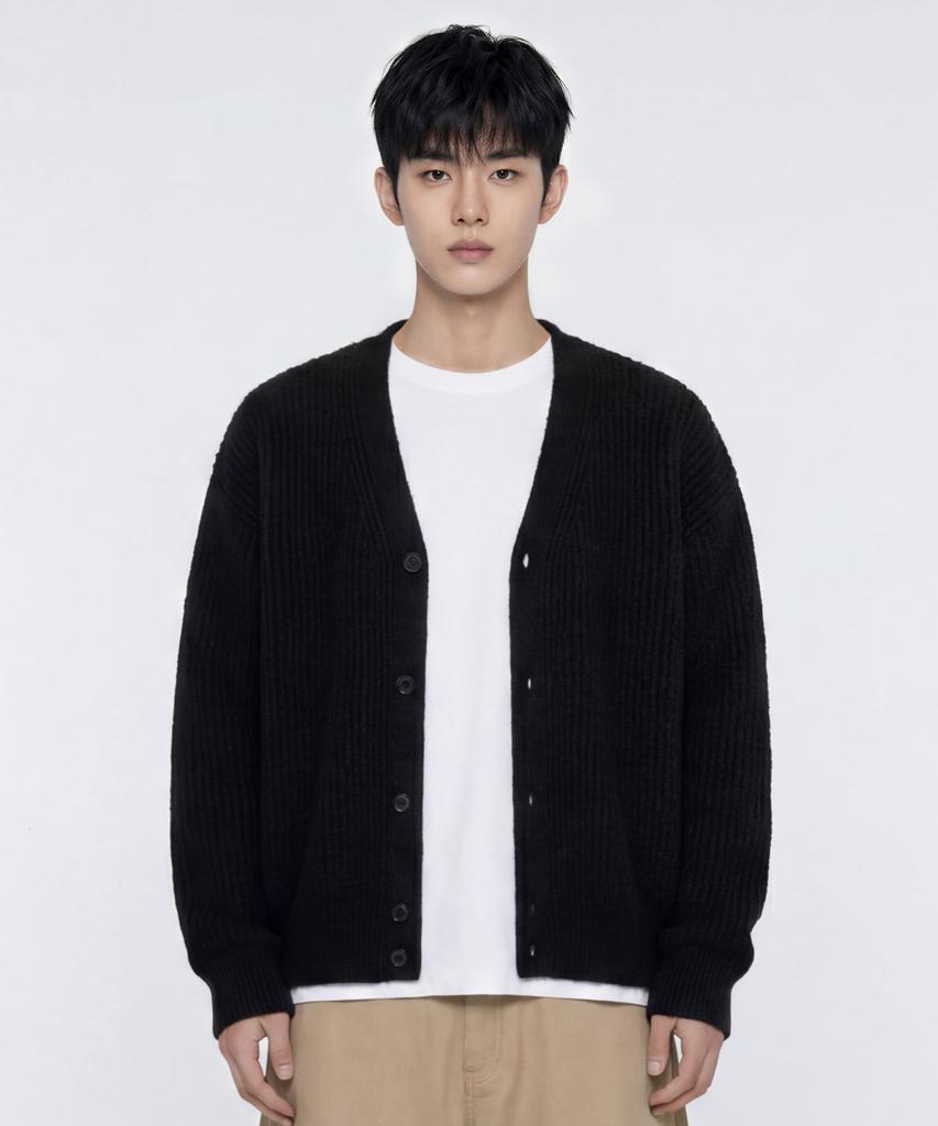 AGOD Hairy Ribbed Knit Cardigan [Black]