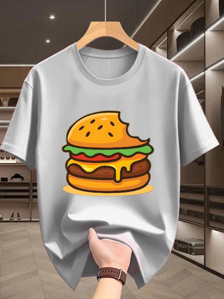Bright Yellow Bitten Cheese Hamburger Cartoon Graphic Unisexs Short Sleeve Tee Crew Neck Fast Food Casual Daily Soft Comfort Top