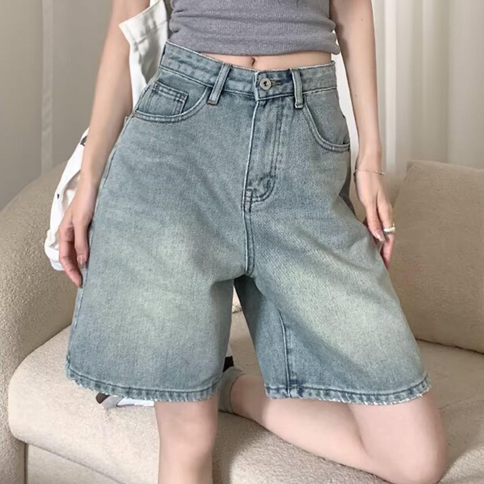

Женские модные потертые удобные повседневные летние джинсовые шорты со средней посадкой и широкими штанинами с карманами XL светло-синий
