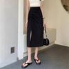 2025 Plus Size High Waist Black Pleated Skirt for Women - Slimming Mid-Length A-Line with Slit