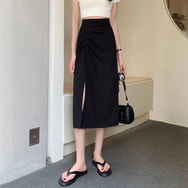 2025 Plus Size High Waist Black Pleated Skirt for Women - Slimming Mid-Length A-Line with Slit