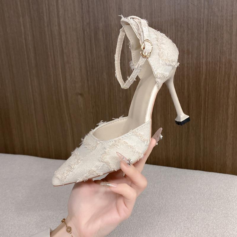 Fashion Women's Summer New Pointed Toe Shallow Mouth Cloth Design Sense Niche Hollow Stiletto High Heels One-buckle Single Shoes