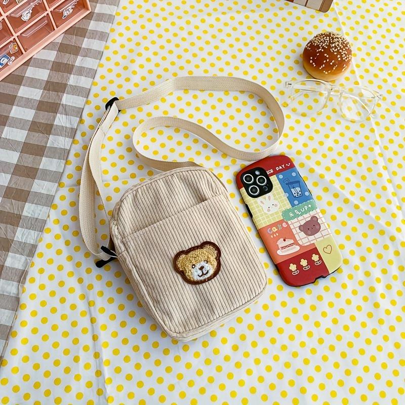 Girls Portable Corduroy Bear Phone Crossbody Bag, Mobile Phone Coin Purse, Fashionable Cross Small Bag, Corduroy Mini Bag Bolsos