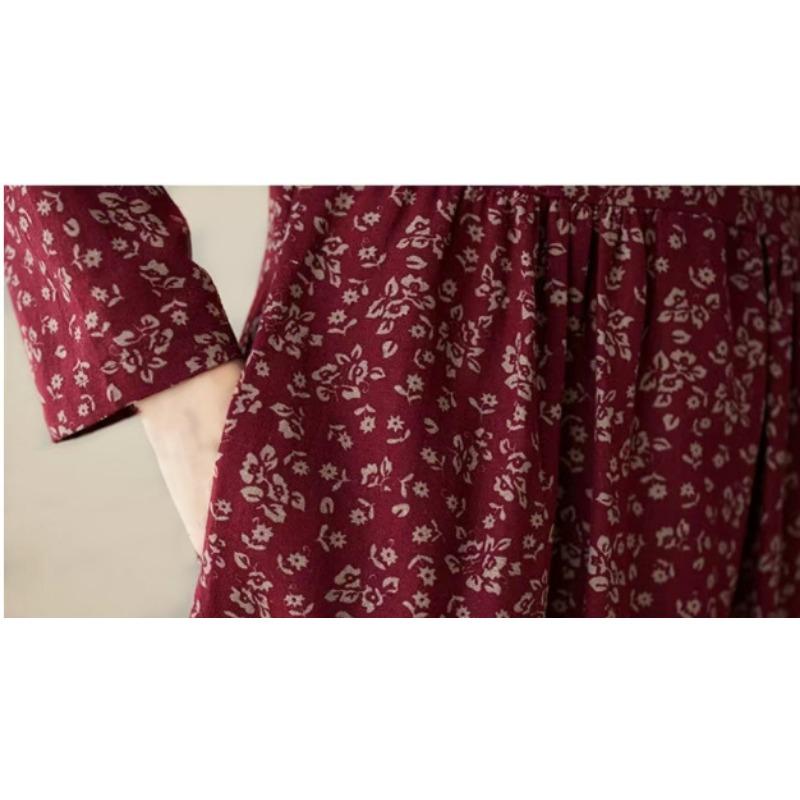 Spring Autumn Style Ethnic Style Long Style Loose Fit Slimming Cotton Linen Small Floral Dress